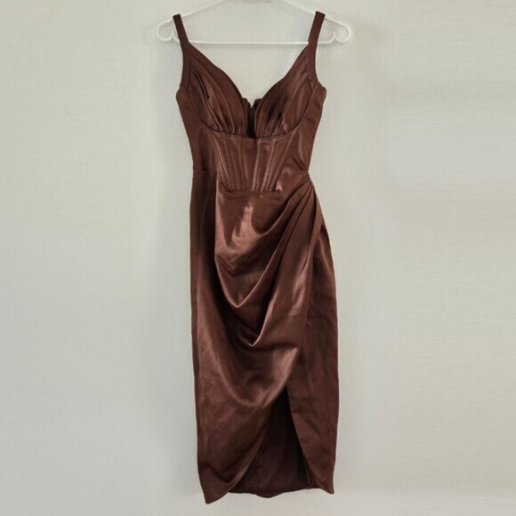 House of CB Faye Chocolate Satin Corset Dress XS Altered b62E - Picture 2 of 15